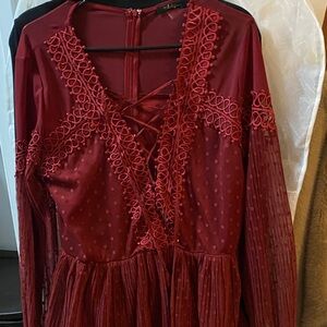 Lulu's Burgundy Lace Long Sleeve Dress